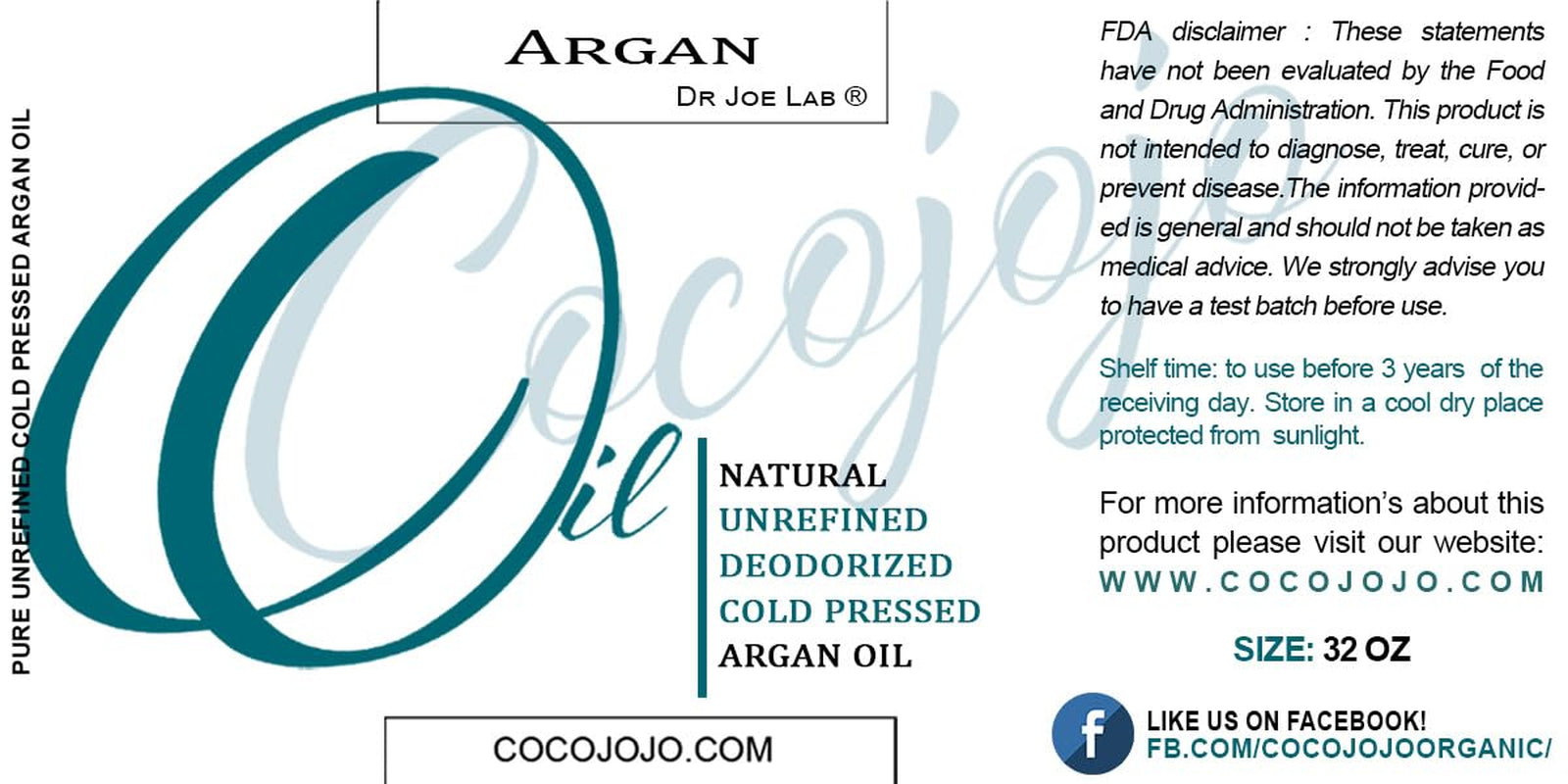 Pure Argan Oil Deodorized Unrefined Cold Pressed, 32 Fluid Ounce